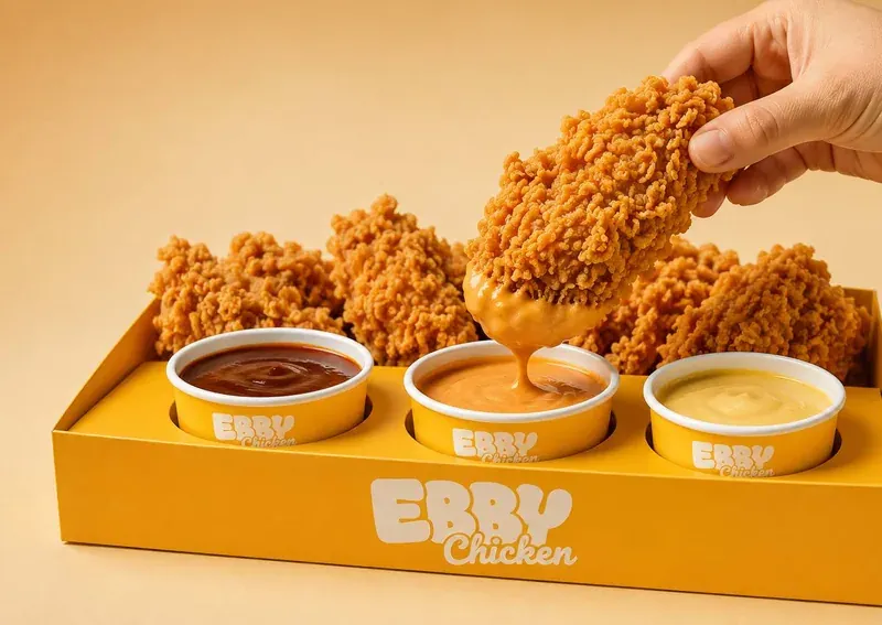 EBBY Chicken tenders in a tray with three dipping sauces